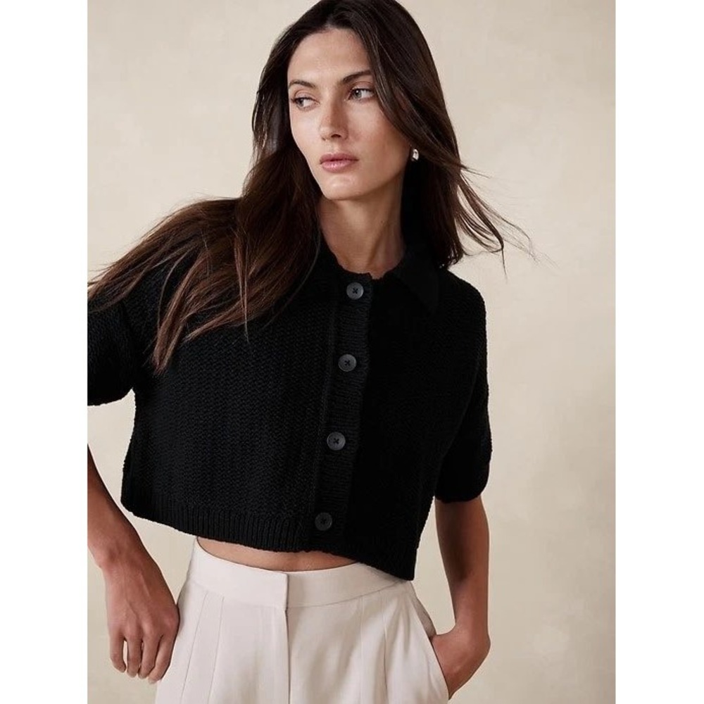 Banana Republic SS Resort Polo Black Cotton Knit Cropped Cardigan 445774-01 XS